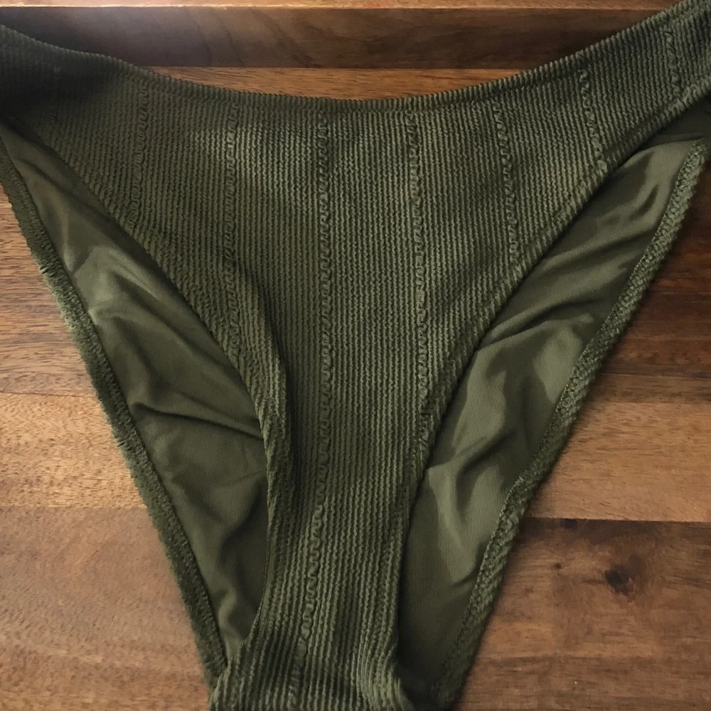 Olive Ribbed High-Cut Bikini Bottom - swim 🏊‍♂️